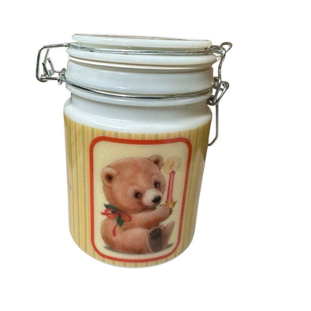 Vtg‎ Houston Harvest Christmas Teddy Bear Milk Glass Canister Hinged Lid Tea 6"